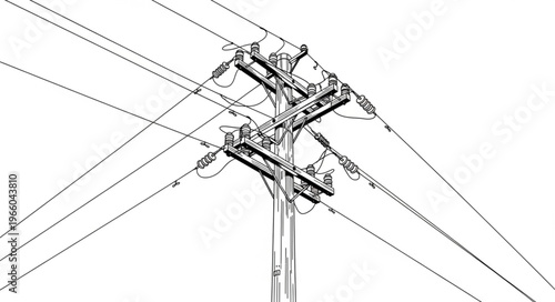 Detailed Sketch of a Utility Pole with Power Lines.