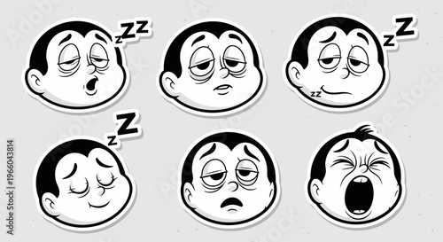 Cartoon Tired and Yawning Emoji Faces Collection with Zzz, Isolated on Light Gray Textured Background