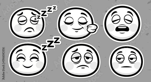 Set of Tired and Sleeping Cartoon Emoji Faces with Zzz, Isolated on Light Gray Textured Background