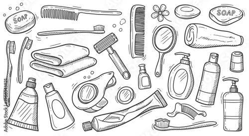 Detailed Doodle Art of Bathroom and Personal Hygiene Items, Isolated White Background, Self Care Concept