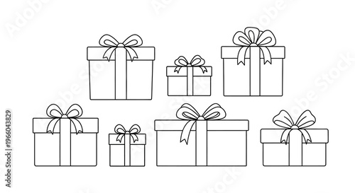 Elegant line art of gift boxes with bows for holiday celebrations