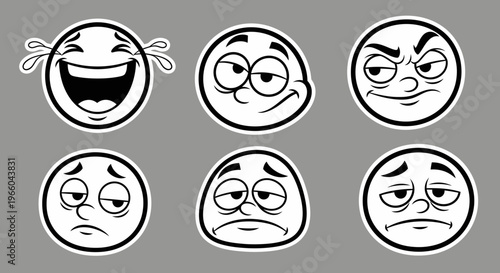 Set of Expressive Cartoon Emoji Faces with Diverse Emotions, Isolated on Light Gray Textured Background