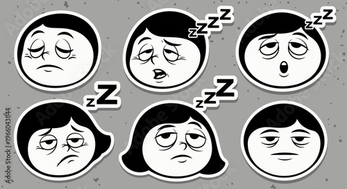 Collection of Sleepy Cartoon Emoji Faces with Zzz Symbols, Isolated on Light Gray Textured Background
