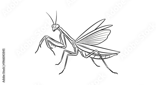 Detailed line art of a praying mantis on white background
