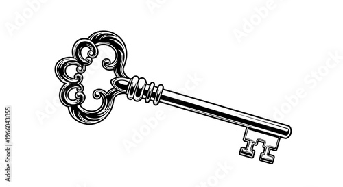 Intricate antique key with ornate design in black and white linear style