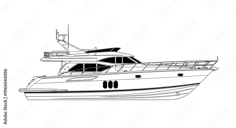 Naklejka premium Elegant yacht outline with detailed features in black and white linear style