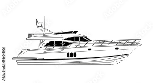 Elegant yacht outline with detailed features in black and white linear style