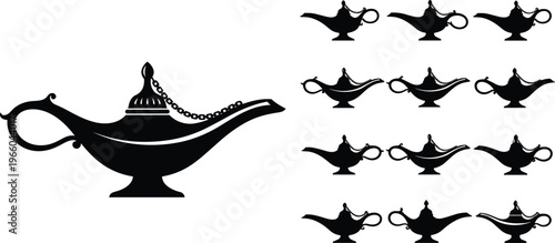 Black silhouette vector illustration of traditional genie oil lamps with decorative spouts, handles, and lids, arranged in multiple variations for cultural design and digital artwork