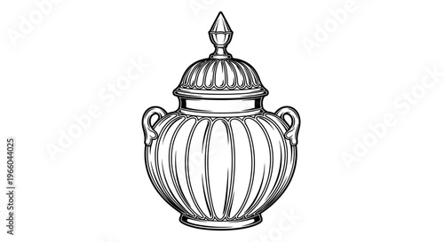 Ornate line art jar with lid and handles on white background