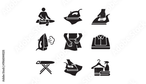 Laundry and ironing icons. garment care, pressing, household chores vector set