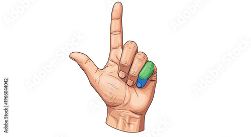 Hand gesture with raised l finger and bandage in cartoon style