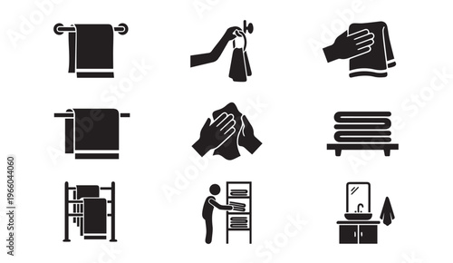 Towel use hanging folding storage and bathroom hygiene icon set