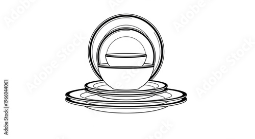 Elegant Stack of Dishes and Bowls in Line Art.