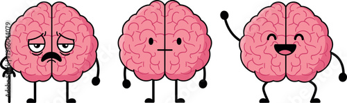 Cute brain cartoon characters set with sad neutral and happy emotions illustrating mental health mood states concept vector design