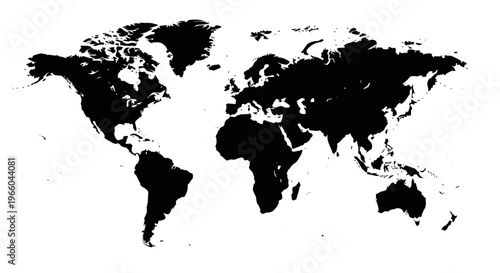 World map silhouette with global continents in bold black and white design