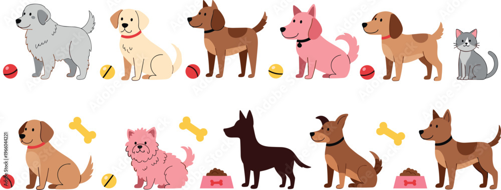 Fototapeta premium Cute Cartoon Dog Collection with Toys, Food Bowls, and Breeds like Poodle, Beagle, and More