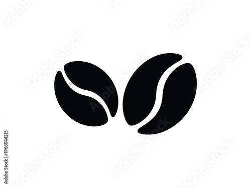 A simple black and white graphic depicts two coffee beans positioned closely together showcasing their distinct shapes