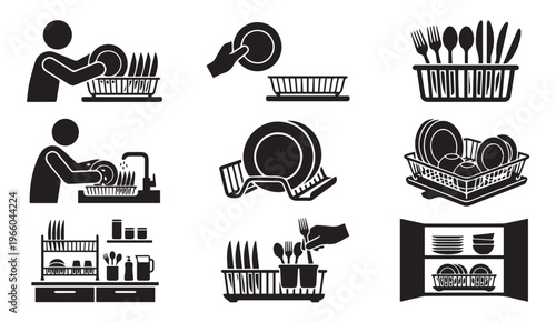 Dishwashing and kitchen chores icons. cleaning, stacking plates, domestic work