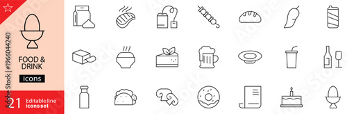Food and drink icons set. Includes symbols of meals, snacks, drinks, kitchen items, and dining elements. Editable stroke. Vector illustration. Outline icons. Perfect for restaurant projects.