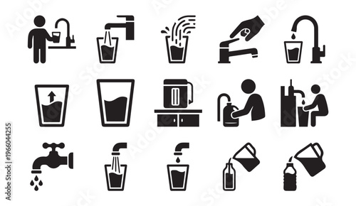 Water and drinking icons. hydration, pouring, filling, dispensing, healthy lifes