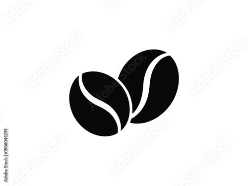 A minimalist graphic depicts two black coffee beans with a distinctive curved indentation on each