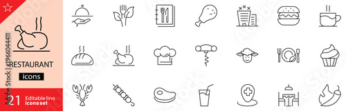 Restaurant icons set. Includes symbols of dining, food, beverages, menu, cutlery, chef, and hospitality. Editable stroke. Vector illustration. Outline icons. Perfect for food, and dining.