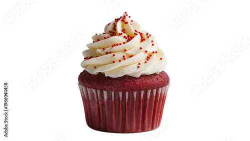 Obraz na plátne Red velvet cupcake with white frosting and red sprinkles, isolated on transparen