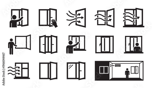 Window ventilation and opening options icon set for air circulation and home des