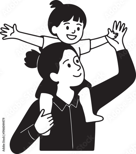 Parent carrying child on shoulders with arms outstretched