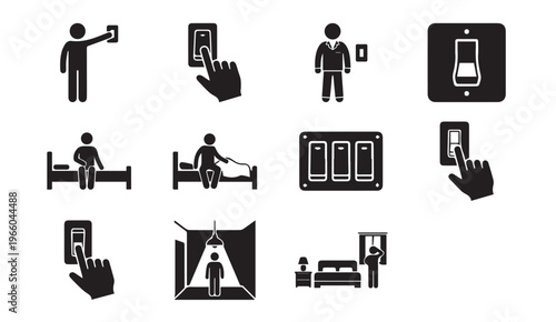 Light switch bedroom icons. people turning lights on, off