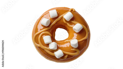 Photography Golden caramel glazed donut topped with white marshmallows and peanut butter dri