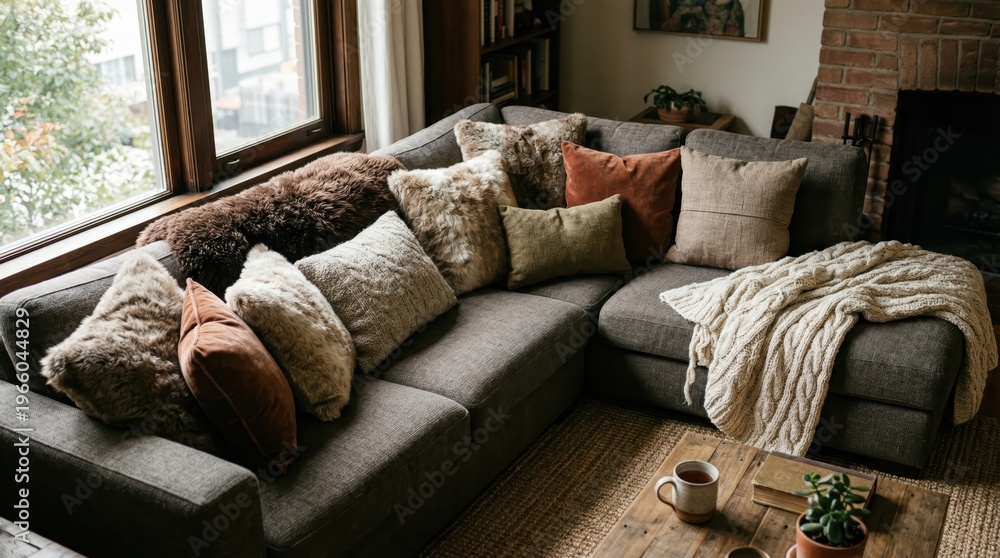 Obraz premium Gray sectional sofa with layered pillows in window corner