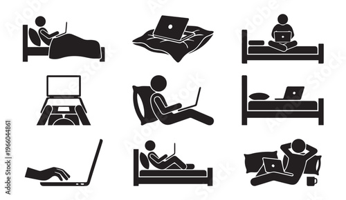 People using laptops in bed - remote work, leisure, and digital lifestyle pictog