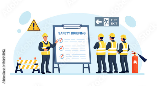 OSHA, PPE training to protect employees from health and safety hazards on the job. Industrial worker attending a safety training with a whiteboard. OSHA officer briefing workers at assembly point