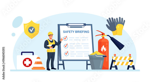 OSHA, PPE training to protect employees from health and safety hazards on the job. Industrial worker attending a safety training with a whiteboard. OSHA officer briefing workers at assembly point