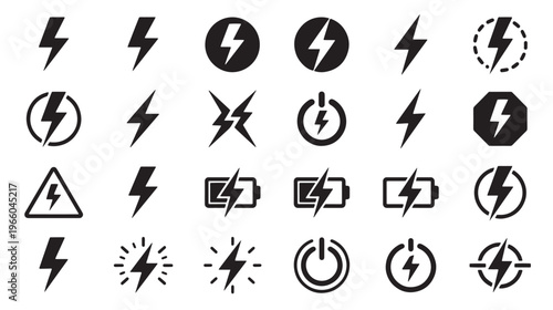 Electricity icons, black lightning bolt symbols, power outage signs, vector graphics