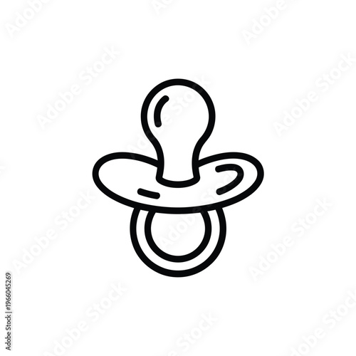A simple black and white line drawing depicts a baby pacifier focused on its rounded shield and nipple