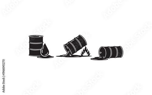 Four oil barrels with leak and fire symbols