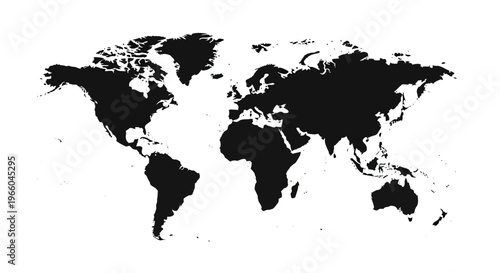 Flat black and white world map silhouette on white background