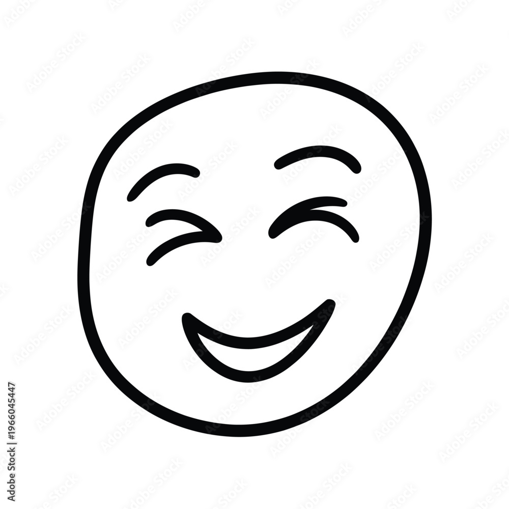 Fototapeta premium A simple black and white line drawing depicts a smiling face with closed squinting eyes