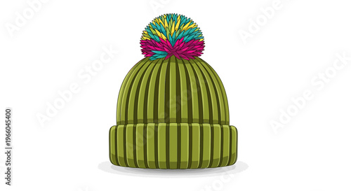 Vibrant green knitted hat with colorful pom pom on white background