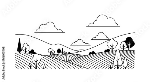 Minimalist linear landscape with hills, trees, and clouds