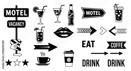 Retro motel and diner icons in black and white style