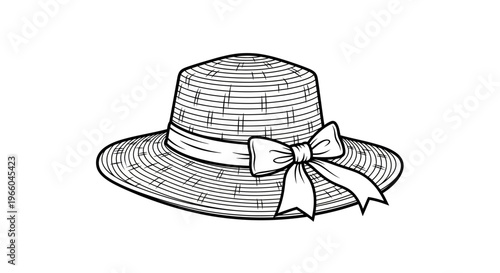 Hand drawn straw hat with ribbon bow on white background