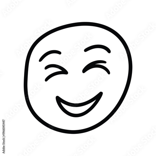 A simple black and white line drawing depicts a smiling face with closed squinting eyes