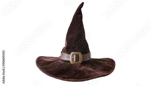 Canvastavla Dark brown velvet witch hat with a bronze buckle, isolated on transparent backgr