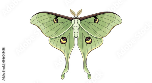 Elegant luna moth with detailed wings on white background
