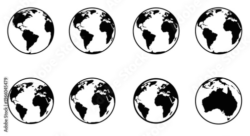 Silhouette globe set with different continents in circular design