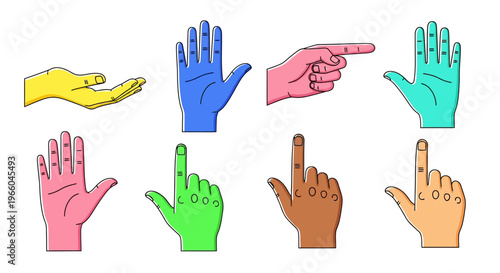 Colorful hand gestures collection featuring multicolored hands in various positions