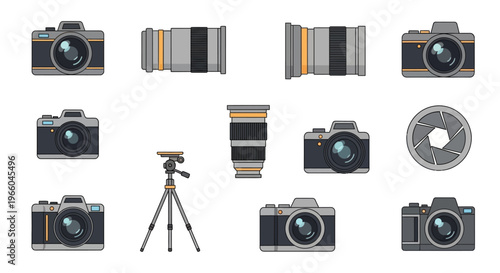 Collection of camera icons with lens and tripod on white background